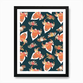 Orange Bulls with Flower Crowns on Black Art Print