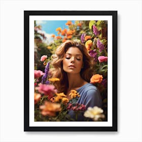 A Portrait Of A Woman Lost In Thought surrounded by flowers Art Print