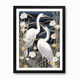 Cranes And Japanese Water Iris Vintage Japanese Botanical Art Print