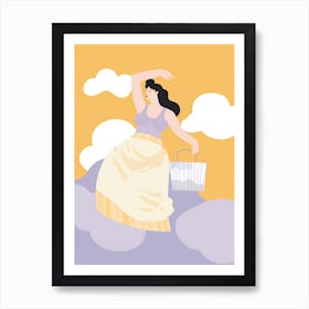 Woman With Basket On The Clouds Art Print