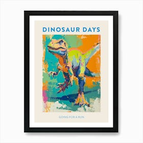 Dinosaur Going For A Run Blue Green Orange Poster Art Print