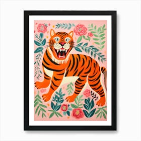 Tiger On Pink With Flowers Art Print