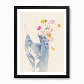 Blue Jeans Line Art Flowers 4 Art Print