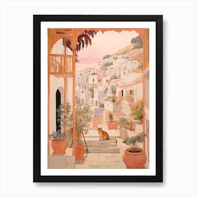 Mykonos Greece 4 Vintage Pink Travel Illustration Art Print