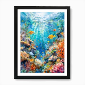 Underwater View Of A Coral Reef With Diverse Marine Life Art Print