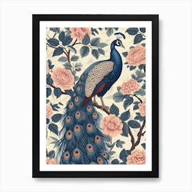 Blue & Cream Floral Peony Peacock Art Print