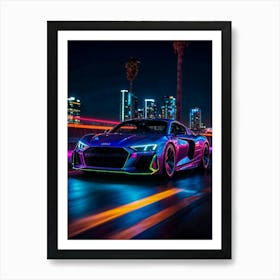 Neon Audi R8, a supercar at night. Cyberpunk design, speed, and racing essence in a futuristic automotive scene. Art Print