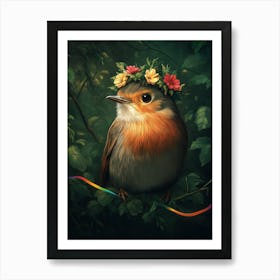 Little Robin Bird With A Flower Crown Art Print