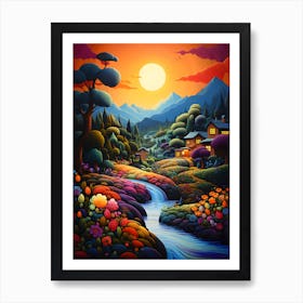 "Valley's Fiery Serenity: Sunset's Golden Embrace" Art Print