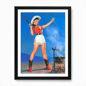 Cowgirl Ringing Triangle for Dinner, Vintage, Retro Western Aesthetic Art Print