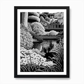 Claude Monet Foundation Gardens, 1, France Linocut Black And White Vintage Art Print