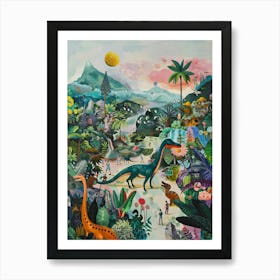 Colourful Dinosaur & Human Painting Art Print