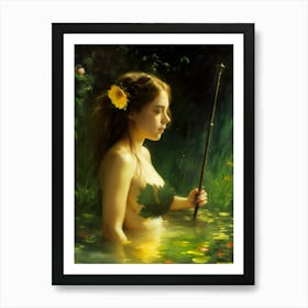 Print Spirit Of The Pond Dryad Nymph Nature Goddess Woman Young In A Forest Pond Green Yellow Art Print