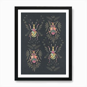 Floral Doodle Bugs x4 on black Art Print