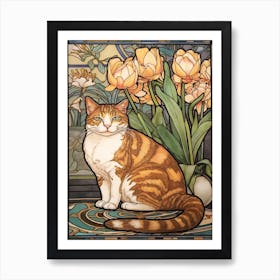 Tulips With A Cat 2 Art Nouveau Style Art Print