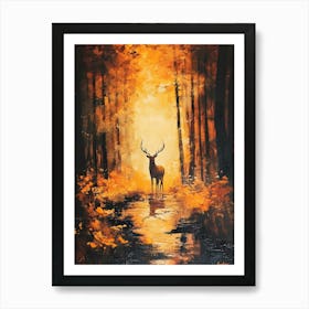 Deer In The Woods Orange Background Art Print