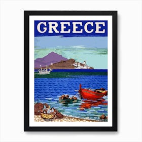 Greece, Lonely Boat On The Coast Art Print