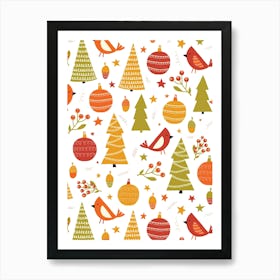 Modern Folk Art Christmas Forest Yellow, Red, Green, White Art Print