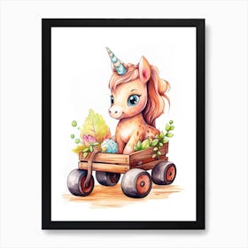 Baby Unicorn On A Toy Car, Watercolour Nursery 1 Art Print