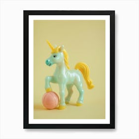Toy Unicorn Playing Football Yellow Pastel Art Print