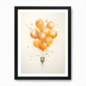 Rabbit Flying With Autumn Fall Pumpkins And Balloons Watercolour Nursery 3 Art Print