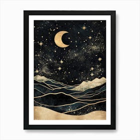 Golden crescent over night peaks – deep indigo, metallic gold – mystic modern aesthetic – digital mixed media with shimmer textures – echoes Art Deco elegance – fantasy night-sky art – perfect for living rooms, cozy nooks, or moody interiors Art Print