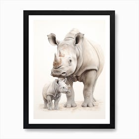 Detailed Illustration Of A Rhino With A Baby Rhino Art Print