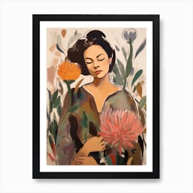 Woman With Autumnal Flowers Protea 2 Art Print