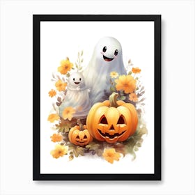 Cute Ghost With Pumpkins Halloween Watercolour 160 Art Print