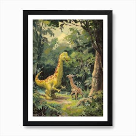 Dinosaur & Giraffe Vintage Storybook Style Art Print