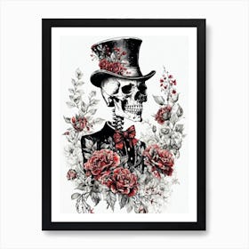 Floral Skeleton With Hat Ink Painting (47) Art Print