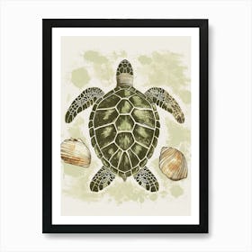 Sea Turtle & Shells Vintage Illustration 3 Art Print