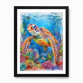Colourful Sea Turtle On The Magical Ocean Floor Pencil Illustration Art Print