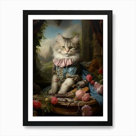 Blue & Pink Rococo Style Painting Of A Cat 3 Art Print
