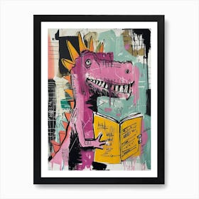 Dinosaur Reading A Book Pink Blue Graffiti Brushstroke 1 Art Print