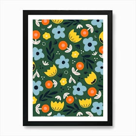 Scandi Folk Art Wild Flowers Multicolor on Hunter Green Art Print