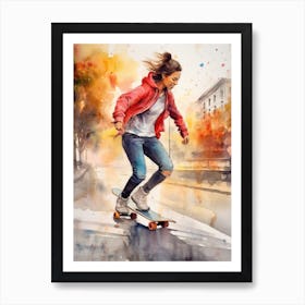 Girl Skateboarding In Zurich, Switzerland Watercolour 1 Art Print