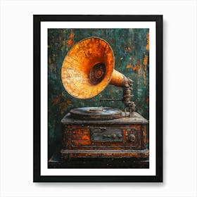 Vintage Gramophone With Textured Brushstrokes In Warm Tones Art Print