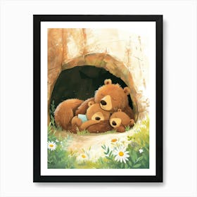 Brown Bear Family Sleeping In A Cave Storybook Illustration 3 Art Print