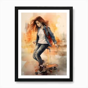 Girl Skateboarding In Athens, Greece Watercolour 3 Art Print