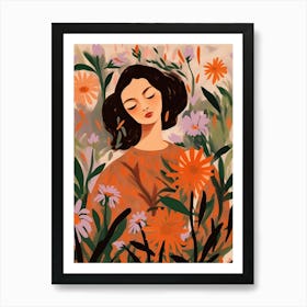 Woman With Autumnal Flowers Asters 1 Art Print