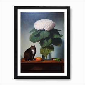 Painting Of A Still Life Of A Hydrangea With A Cat, Realism 2 Art Print