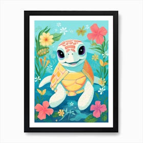 Cute Cartoon Sea Turtle And Tropical Flowers Art Print