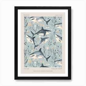 Pastel Blue Smallscale Cookiecutter Shark Watercolour Seascape Pattern 2 Poster Art Print
