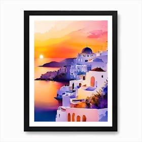 Santorini Greece Water Colour Sunset 2 Art Print