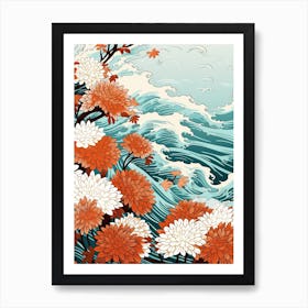 Great Wave With Chrysanthemum Flower Drawing In The Style Of Ukiyo E 2 Art Print