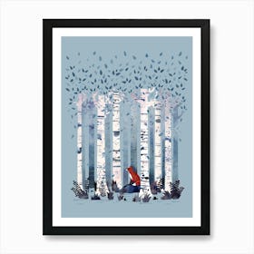 Fox In The Birches In Blue Art Print