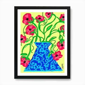 Hot Pink Flowers in Blue Vase Art Print