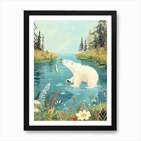 Polar Bear Catching Fish In A Tranquil Lake Storybook Illustration 3 Art Print