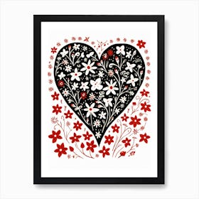Heart Linocut Black & Red White Background 1 Art Print